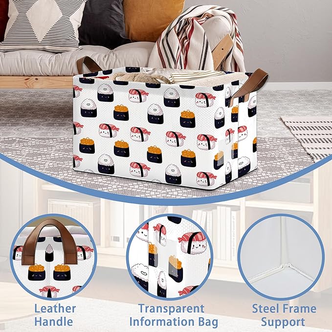 Cute Sushi Storage Basket,Japanese Collapsible Storage Bin Cubes for Living Room Bedroom Blankets Home Storage 17x11.5x10Inch
