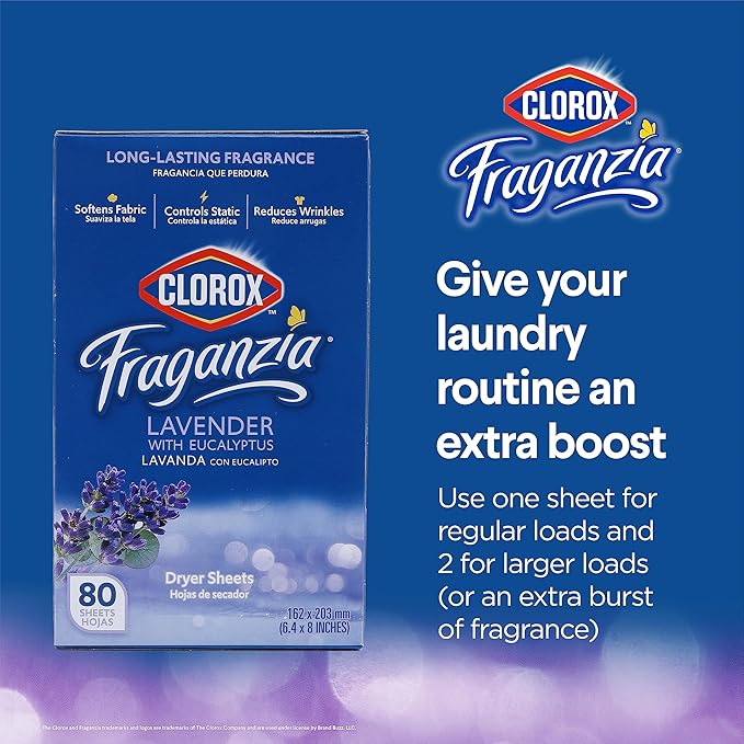 Clorox Fraganzia Fabric Softener Dryer Sheets, Wrinkle Reducing and Anti Static Laundry Dryer Sheets for Great Smelling Clothes, Softens Fabrics, Lavender with Eucalyptus Scent, 80 Count