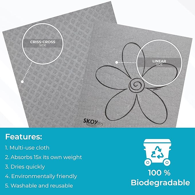 Skoy Cloth, 8-Pack Versatile Swedish Dishcloths for Kitchen and Household Use, Reusable Cleaning Cloths, Planet-Friendly, Dishwasher and Dryer-Safe, Gray