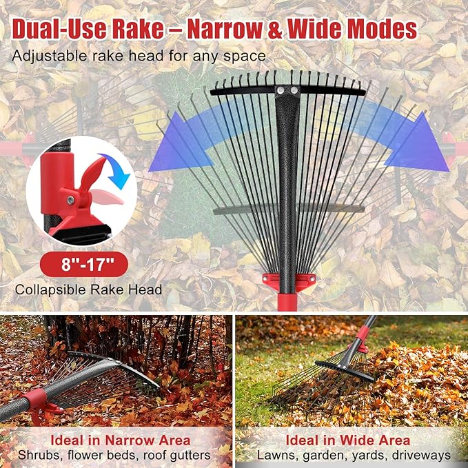 Adjustable Garden Leaf Rake - 58" Heavy Duty Metal Leaves Rake with Expandable Head (8”-17”), Collapsible Kids Rakes for Gardening Beds,Yard,Lawn,Shrub,Small Areas,Pine Needle & Camping Cleaning