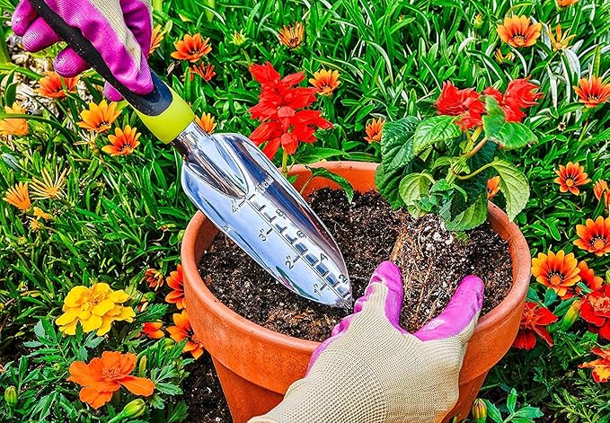 Edward Tools Transplanter Trowel - Bend Proof and Rust Proof Aluminum - Most Comfortable Transplanter with Ergo Handle - Engraved Depth Guide