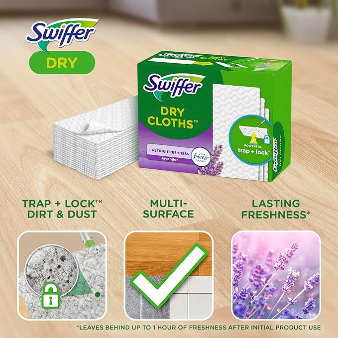 Swiffer Sweep + Mop, Dry Pads Refill, Floor Cleaner for Dirt, Dust, Hair, Cleaning Cloths for Mopping Home, Bathroom, Kitchen, Dust Mop, Floor Duster, Lavender, 52ct