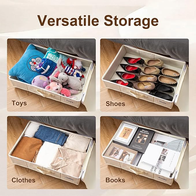 Vincona Under Bed Storage with Wheels, Rolling Under Bed Storage Containers with Label Holders for Clothes, Shoes and Blankets, Underbed Storage Organizer with Cover, 2 Pack Beige (23.6x15.7x7.28 in)