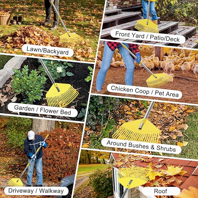 Plastic Leaf Rake for Lawns - Lightweight & Anti-Break Nylon Head, 16.5'' Wide Yard & Garden Rake for Leaves, Grass, Pine Needles, Adjustable Long Handle Easy Use for Women,Seniors,Kids