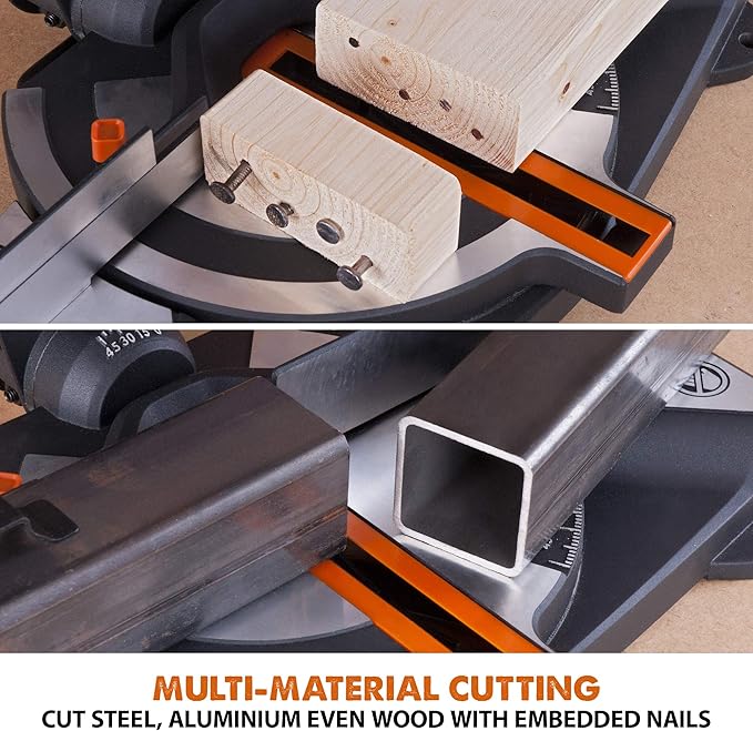 Evolution Power Tools R210CMS Compound Miter Saw, 8-1/4" Multi-Material Cutting TCT Blade Included Cuts Wood Metal Plastic & More, 45° - 45° Degree Miter & 45˚ Degree Bevel Angles, 1200W, 8-1/4"