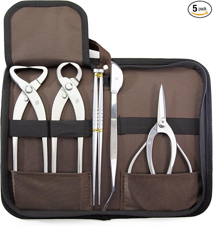 TianBonsai Bonsai Tools 5-Piece Alloy Steel Bonsai tool Kit In Cluding 190mm Root Pruning Scissors / 205mm Trunk Splitter / 215mm Root Cutter / 200mm Straight Root Hook / Tweezers (NBK5-03)