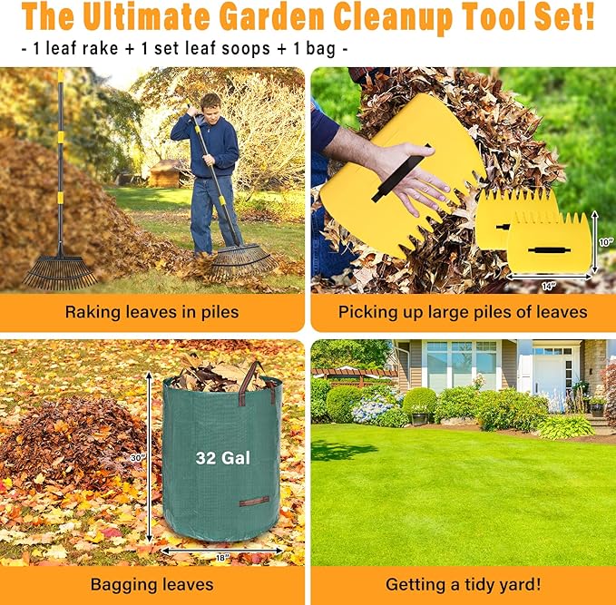 25-Tine Metal Leaf Rake Set with Adjustable Handle, 32-Gallon Bag & Leaf Scoops for Effortless Yard Cleanup, Heavy Duty Sturdy Garden Rake for Lawns, Backyard, Fall & Spring Cleaning 6FT