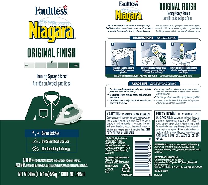 Liquid Starch Iron Spray (20 oz, 6-Pack) - Niagara Starch Spray Iron Aid: Non-Flaky/Clogging | Durafresh Scent - Original Hold Iron Out Spray - Iron Spray Pack for Clothes & Fabrics