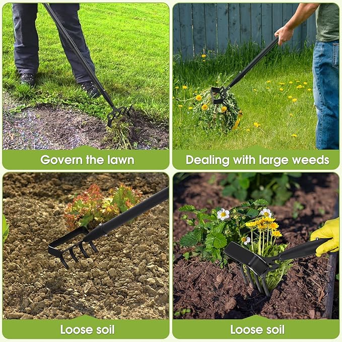INFLATION Heavy Duty Metal Gardening Weed Puller Tool 4 Tines Prong 2-in-1 Herb Stripper Yard Rake for Women Kids Men Garden Grandpas Weeder 32-62 inch Long Adjustable Handle