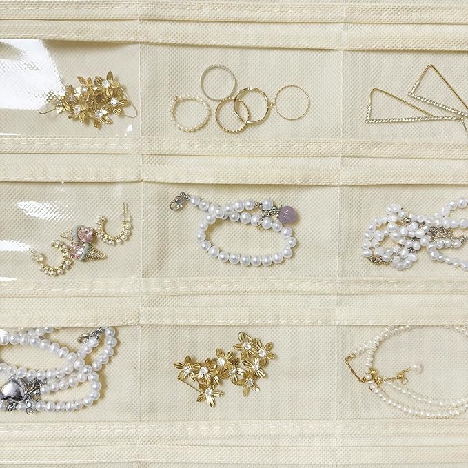 1 Pack Hanging Jewelry Organizer 80-Pocket Dual-sided Jewelry Storage for Earring Necklace Bracelet Ring Travel Holder, Beige