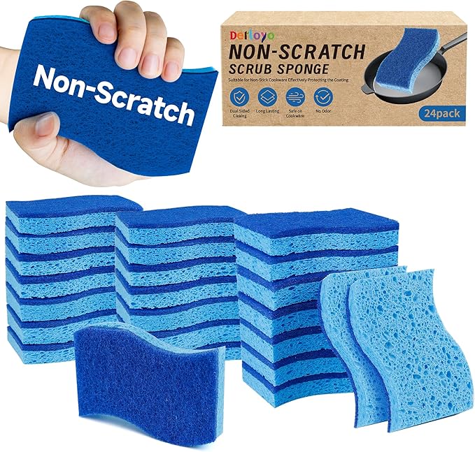 Non Scratch Scrub Sponges, 24 Count Kitchen Sponges Pack Safe on Non-Stick Cookware, Dual Sided Cleaning Sponges for Dishes, Blue