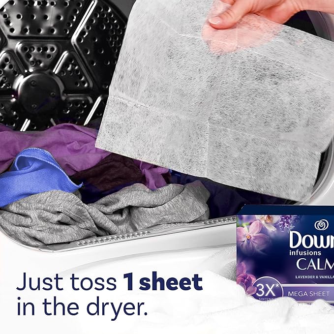 Downy CALM, Mega Dryer Sheets, Laundry Fabric Softener, Lavender and Vanilla Bean, 130 Count
