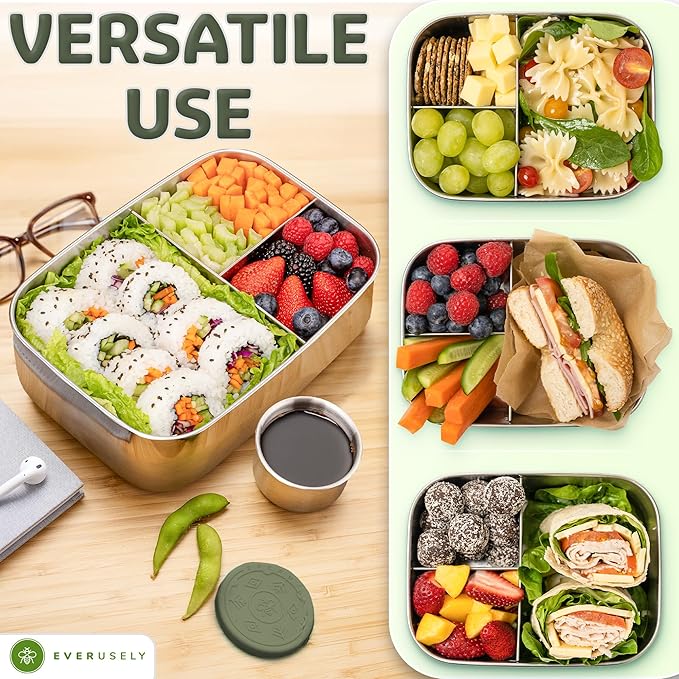 Everusely - Bento Box - Sage, 60oz / 1.8 L - Extra Large Stainless Steel Lunch Box + Leakproof Condiment Container - 3 Compartment Snack Organizer for On the Go Meals - Freezer & Dishwasher Safe