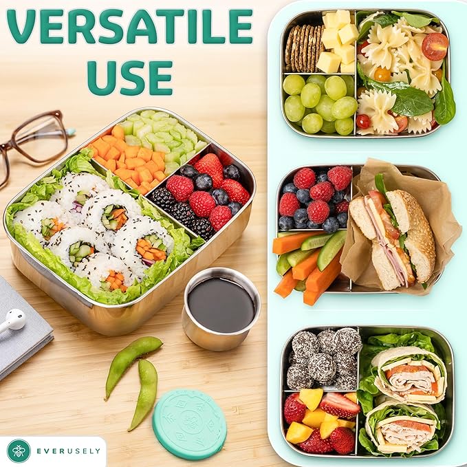 Everusely - Bento Box - Green, 47oz / 1.4 L - Large Stainless Steel Lunch Box with Leakproof Condiment Container - 3 Compartment Snack Organizer for On the Go Meals - Freezer & Dishwasher Safe