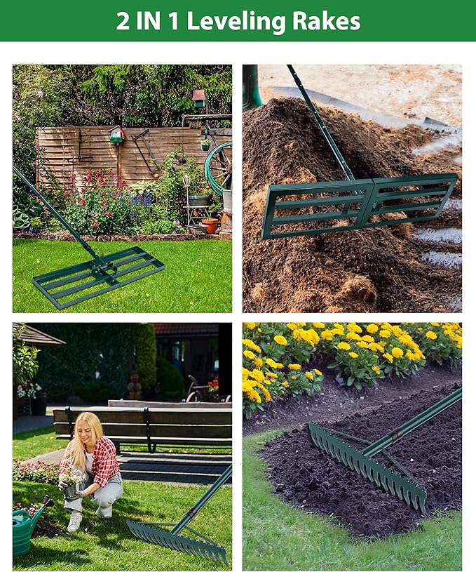 Lawn Leveling Rake, 2 Pack Heavy Duty Lawn Leveler with 30"x10" Ground Plate n 17'' Bow Head,78” Adjustable Long Handle,Level Yard Tool for Grass,Golf Field,Level Soil or Dirt Ground Surfaces-Green