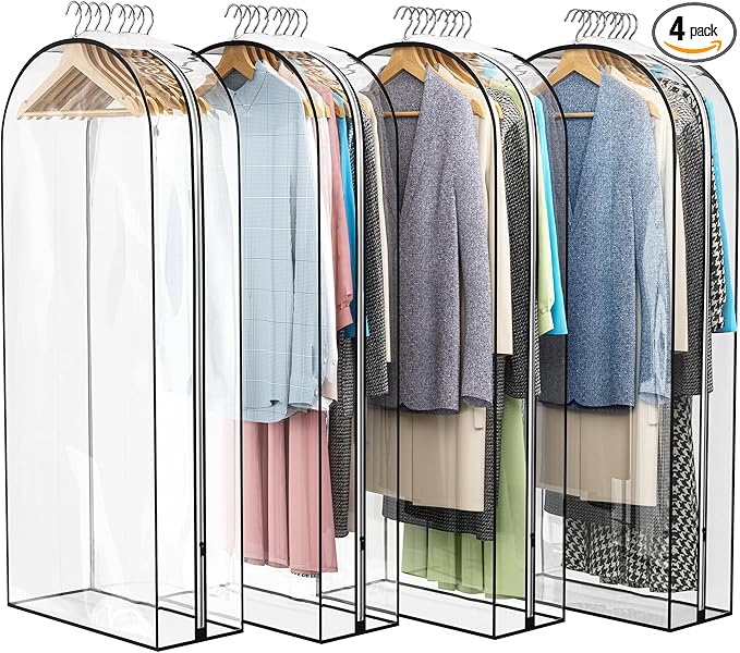 Liuoud Clear Garment Bag for Hanging Clothes 10” Gusseted, 50” Suit Bags for Open Closet Storage Plastic Clothes Cover for Coat, Dress, Shirts, Fur, Jacket, Wardrobe Protectors, 4 Pack