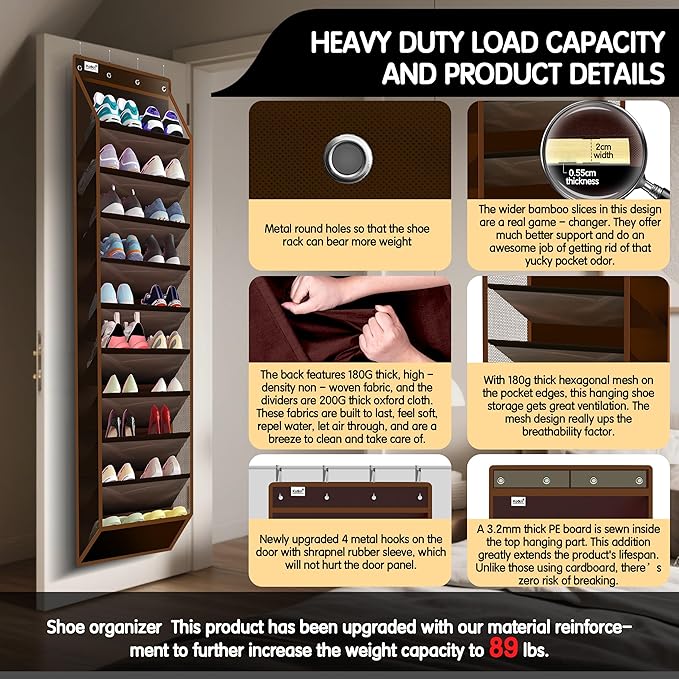 Kotkn 10 Tier Over The Door Organizer - Heavy Duty Hanging Storage Rack with Sturdy Oxford Fabric, Holds 20+ Pairs of Footwear, Boots & Sneakers, Saves 50% Closet Space (Dark Curry)