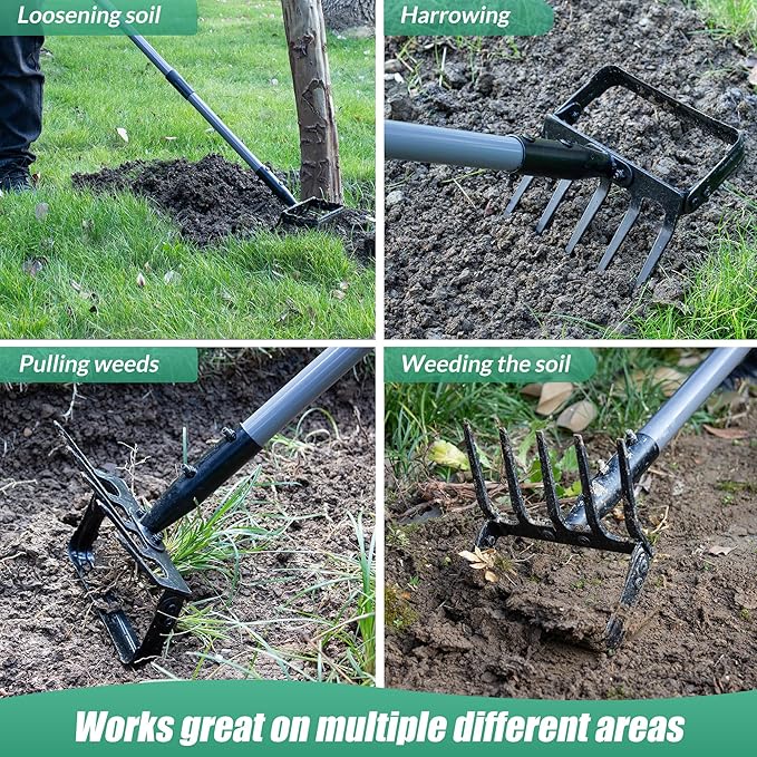 Suchtale 82 Inch Stirrup Hoe and 5-Tines Rake, Action Hoe for Weeding, 2 in 1 Scuffle Hoe with 37-82" Adjustable Handle, Cultivator for Loosening Soil, Loop Hoe for Garden Weeding and Planting