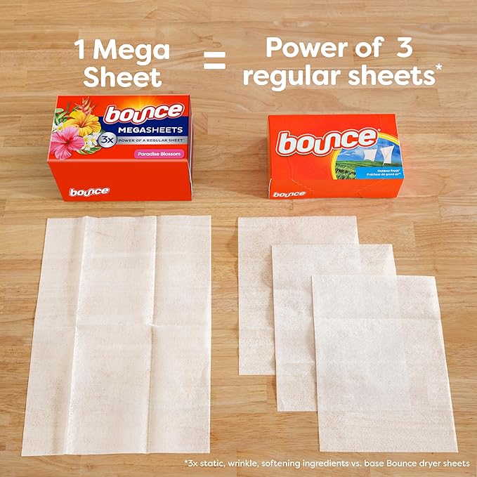 Bounce Mega Dryer Sheets, Paradise Blossom, 130 Count, Mega Fabric Softener Sheets with Static Control, Wrinkle Reduction, Extra Softness, Lasting Scent, Repels Lint