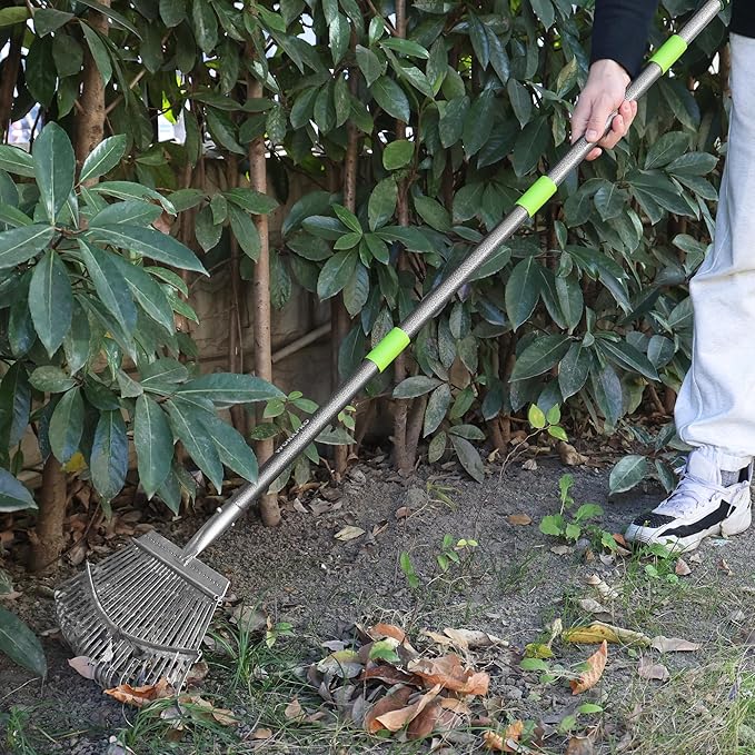WORKPRO Rakes, Small Leaf Rake with 73” Adjustable Long Handle, Narrow Metal Garden Rake with 25 Steel Tines, Heavy Duty Rust-Resistant Lawn Rakes for Yard, Garden, Shrubs, Flower Beds & Tight Spaces