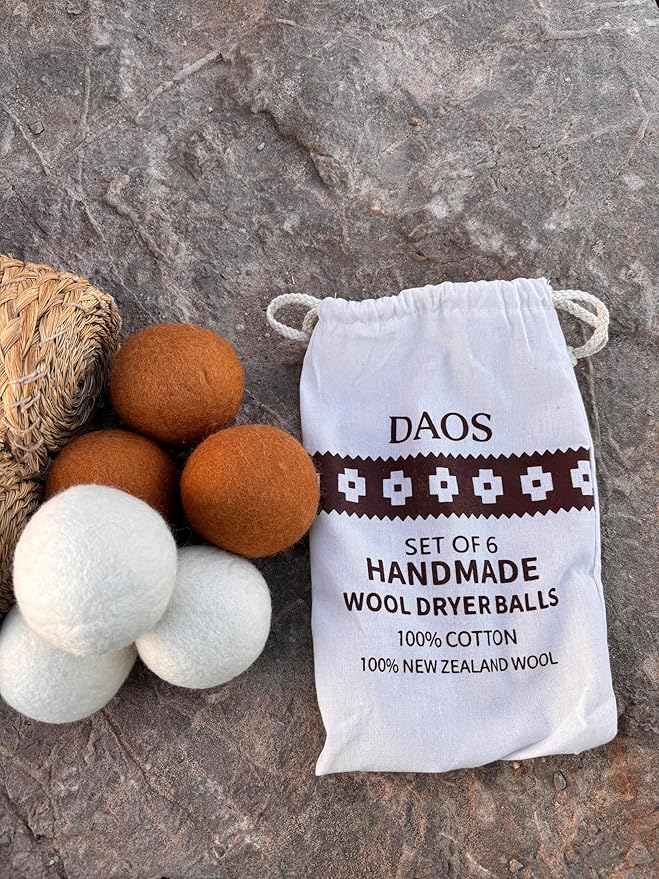Wool Dryer Balls – Pack of 6 (3 White + 3 Brown) with Storage Bag – 100% New Zealand Wool – Reusable, Eco-Friendly Natural Laundry Dryer Balls for Faster Drying