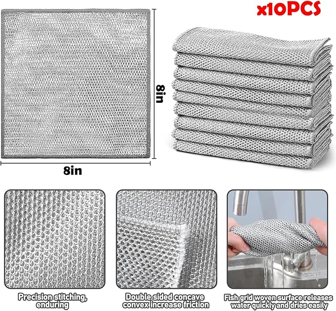 XANGNIER 10 Pcs Multipurpose Wire Dishwashing Rags for Wet and Dry,2024 New Multifunctional Non-Scratch Wire Dishcloth,Wire Cleaning Cloth,Non Scratching Metal Wire Rag for Kitchen,Counter,Dishes,Sink