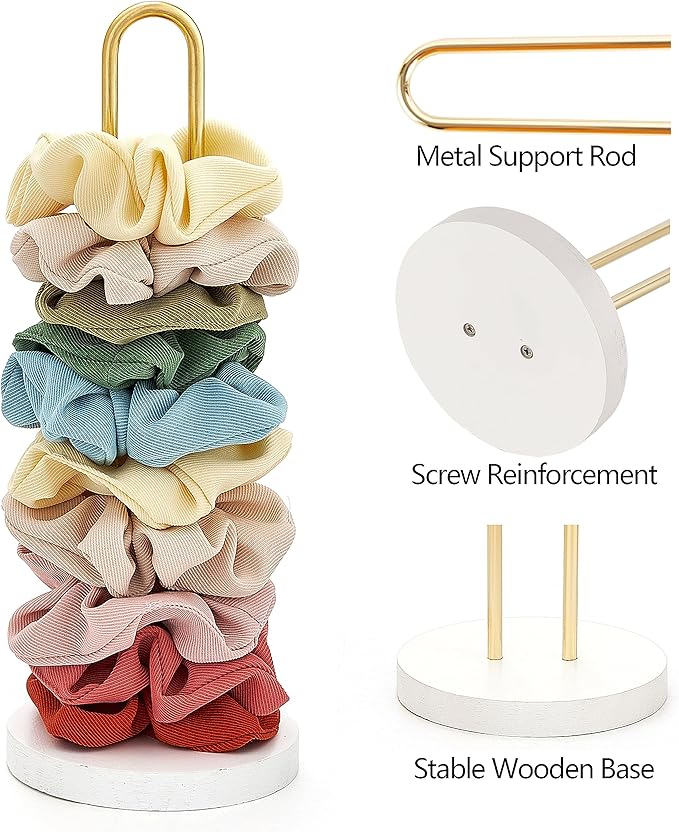Mkono Scrunchies Holder Stand Hair Accessories Organizer Gold White Metal Scrunchies Tower Hold 25 - 35 Scrunchies Modern Vertical Hair Tie Organizer for Girls, White