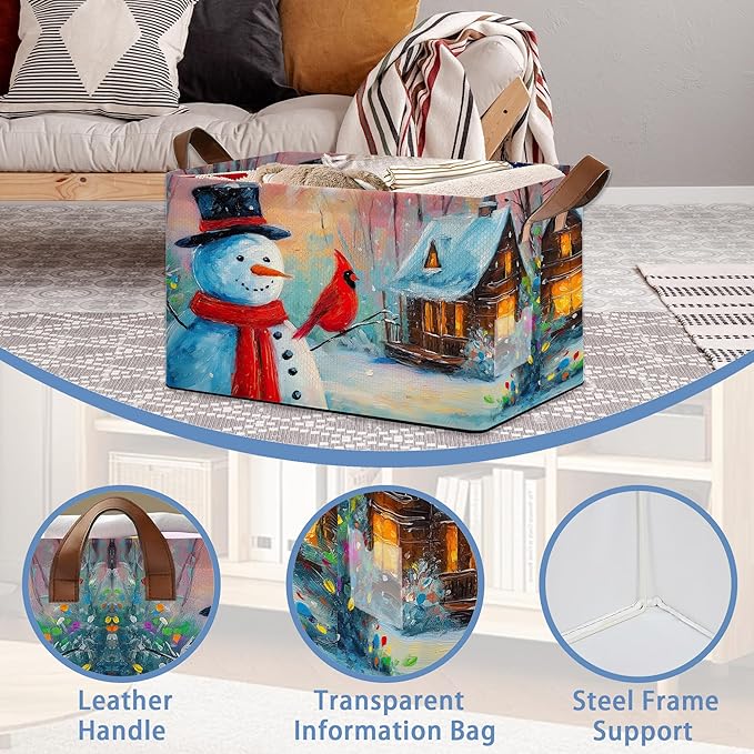 Snowman Christmas Storage Basket with Handles,Red Cardinal Collapsible Rectangle Organizer Bin for Room Decoration Books Box Baskets 17x11.5x10Inch