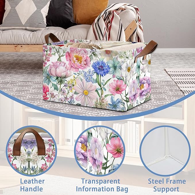 Pink Blue Flowers Storage Baskets,Floral Foldable Organizer Bin with Handles for Home Living Room Bedroom Closet Box 17x11.5x10Inch