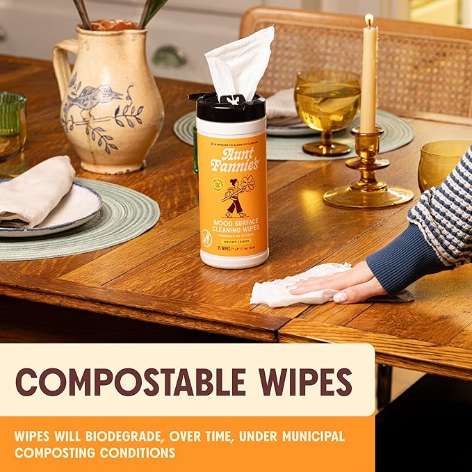 Aunt Fannie's Wood Surface Cleaning Wipes, Multipurpose Wood Surface Cleaner for Cabinets, Furniture, and Floors, Lemon Scent, 35 Count (Pack of 6)