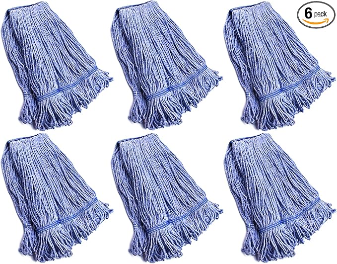 String Mop Heads Replacement Heavy Duty Commercial Grade Blue Cotton Looped End Wet Industrial Cleaning Mop Head Refills (6, Large)
