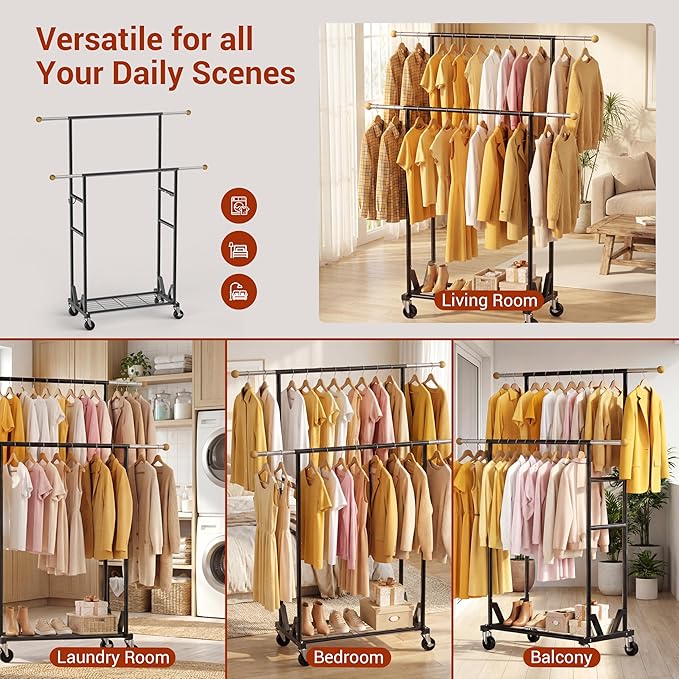 Rolling Garment Rack - Double Rod Clothes Rack with Lockable Casters, Mesh Storage Shelf & Anti-Slip Wooden Finials accented - Sleek Black Freestanding Closet Organizer for Coats, Dresses