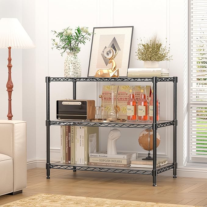 3-Tier Storage Shelves 795LBS Metal Shelving Unit, Adjustable Wire Rack Small Shelf Organizer with Shelf Liners for Kitchen Pantry Office Closet Garage 24" W x 14" D x 30.5" H Black