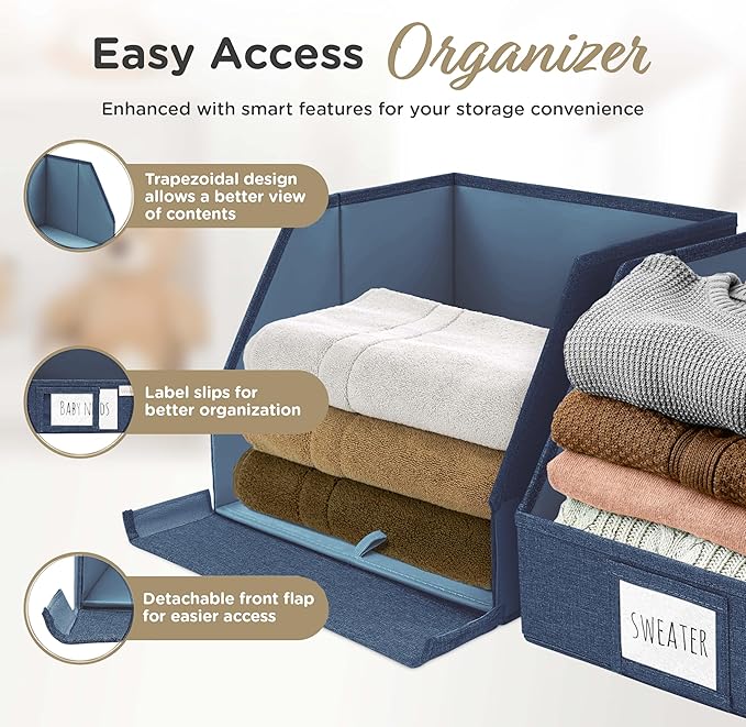 Trapezoid Storage Bins – 12x12x10 Fabric Storage Baskets, Collapsible Easy-Access Organiser Boxes for Baby Clothes, Kids Room Organizer – Navy Blue, 3 Pack