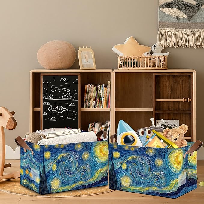 Starry Night Moon Storage Basket with Handles,Collapsible Rectangle Organizer Bin for Room Decoration Books Box Baskets 17x11.5x10Inch