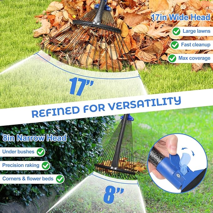 Adjustable Garden Rake for Leaves-Heavy Duty Metal Rake with 8-17" Expandable Head,Long Handle Lawn & Yard for Grass, Shrubs,Flower Beds,Camping,Outdoor Cleaning, Women & Kids