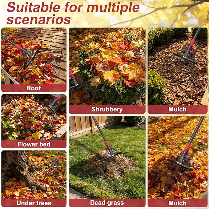 76 Inch Rake for Leaves, Adjustable 18 Metal Tines with Expandable Head Garden Rakes for Lawns Heavy Duty Metal Rake for Leaves Yard Gardening Grass Outdoor Debris