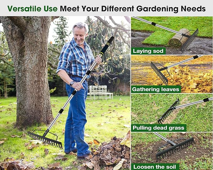 Heavy Duty Garden Rake for Leaves - 17 Tine Metal Head & Adjustable Stainless Steel Handle, 17" Wide 5.58FT Yard Rake for Shrub Leveling/Grass Care