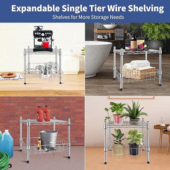 HealSmart 2-Tier Shelving Unit, 15" W x 13.8" D x 15" H Wire Metal Stackable Storage with Basket, Chrome