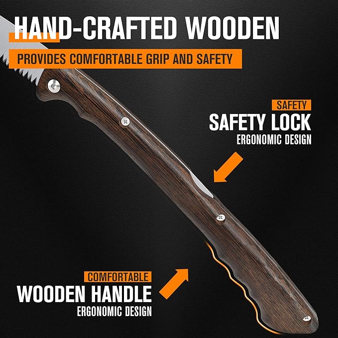 7" Professional Folding Hand Saw - SK5 High Carbon Steel Blade, Ergonomic Wenge Wood Handle, Leather Sheath | Survival Saw for Camping, Bushcraft, Pruning & Tree Trimming with Secure Lock