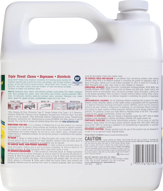 Spray Nine 26801-4PK Heavy Duty Cleaner, Degreaser & Disinfectant for Home, Yard Equipment, Automotive & More - Refill for Spray Bottle 1 Gallon (Pack of 4)