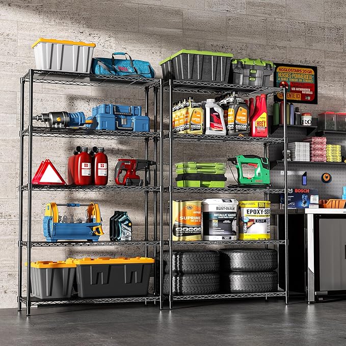 5-Tier Storage Shelves 72" H Wire Shelving, Adjustable Metal Shelving Pantry Shelves, 1325LBS Heavy Duty Rack with Shelf Liners for Garage Commercial Kitchen, 36" W x 14" D x 72" H, Black