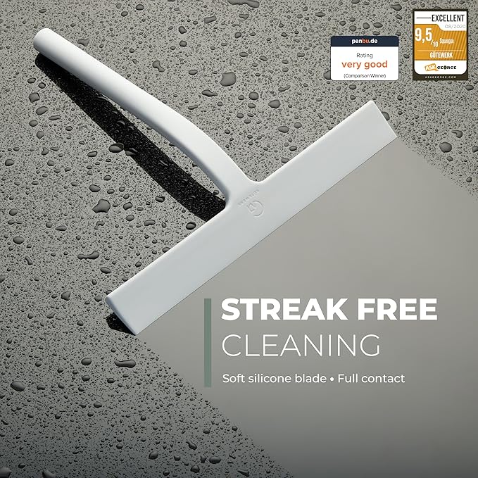 GÜTEWERK Silicone Shower Squeegee for Glass Doors & Mirrors with Stainless Steel Core, Streak-Free & No-Squeak Window Cleaning, 3-in-1 No-Drill Mount (Hook/Suction/Adhesive),White, 11 Inches