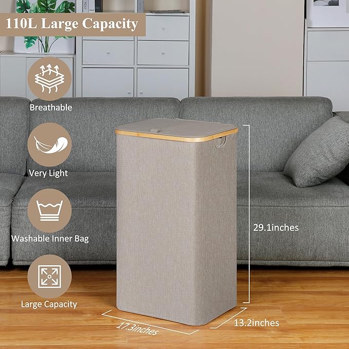 IEGrow Laundry Basket with Lid, Large Laundry Hamper with Handle and Lid, Collapsible Clothes Basket Organizer with Removable Inner Bag for Clothes Toys Towels (Oatmeal, 110L)