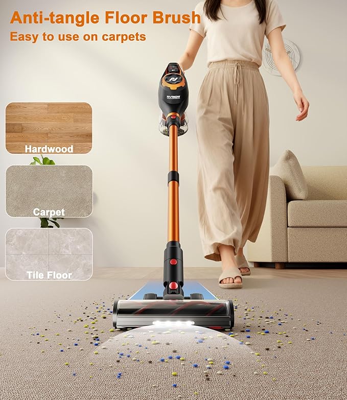 Nvriow Cordless Vacuum Cleaner for Home, 45Kpa Stick Vacuum, Max 80mins Runtime, 1.5L Dust Cup, Rechargeable Lightweight Handheld Vacuum for Carpet/Hardwood Floor/Pet Hair/Car (Sunset Orange)