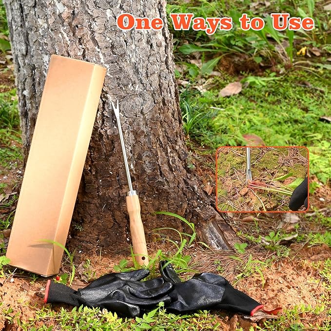 Wooden Handle Dandelion Weeder Tool - Polished Stainless Steel Dual - Forked Head Dandelion Weeder Puller Tool for Planting, Weeding, Flower & Vegetable Care with Nylon Nitrile Coated Gloves
