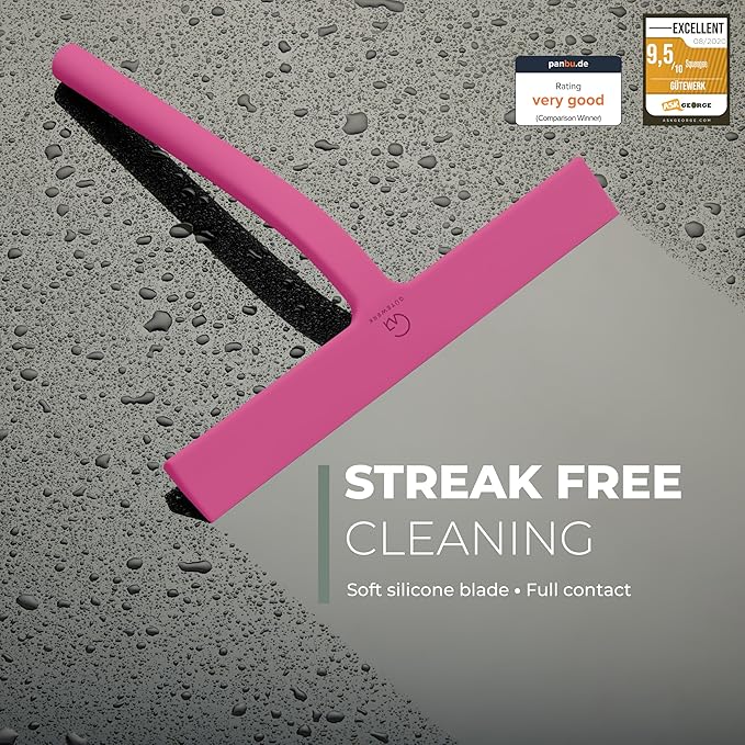 GÜTEWERK Silicone Shower Squeegee for Glass Doors & Mirrors with Stainless Steel Core, Streak-Free & No-Squeak Window Cleaning, 3-in-1 No-Drill Mount (Hook/Suction/Adhesive),Pink, 11 Inches
