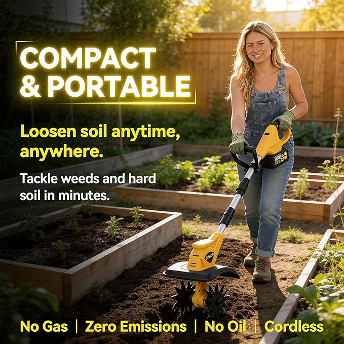 21V Cordless Tiller Cultivator, Compatible with Makita 18V Batteries, Battery Powered Garden Tiller with 2 Lithium-Ion Batteries for Flower Beds (Yellow Tiller + 2 Batteries)