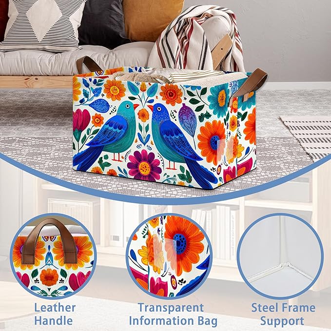 Colorful Bird Flowers Collapsible Storage Box,Mexican Style Organizer Bin with Handles for Room Decoration,Bins Book Basket Box 17x11.5x10Inch