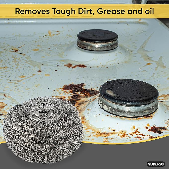 Superio Stainless Steel Scourers Steel Wool Scrubber Pad Used for Dishes, Pots, Pans, Grill, Stoves, and Ovens, Easy scouring for Tough Kitchen Cleaning Pack of 24